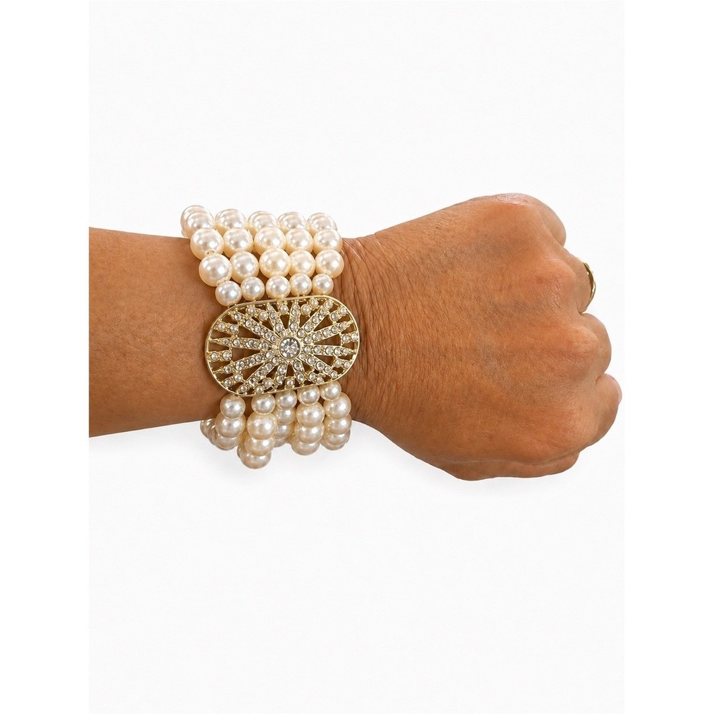 NWT Glass Pearl 5-Strand Stretch Bracelet Gold Tone Rhinestone Statement Cuff